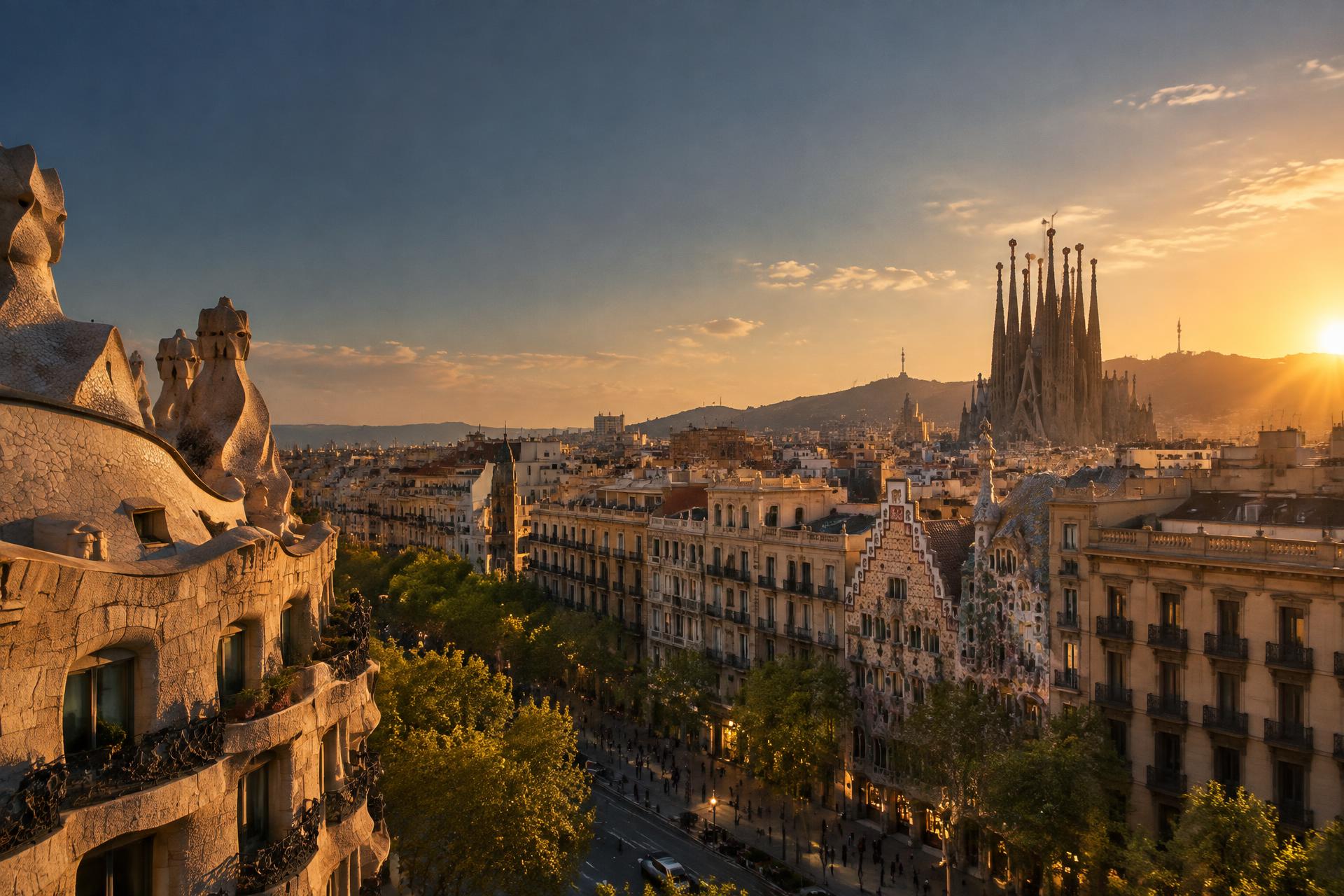 Barcelona skyline and Catalan architecture at sunset