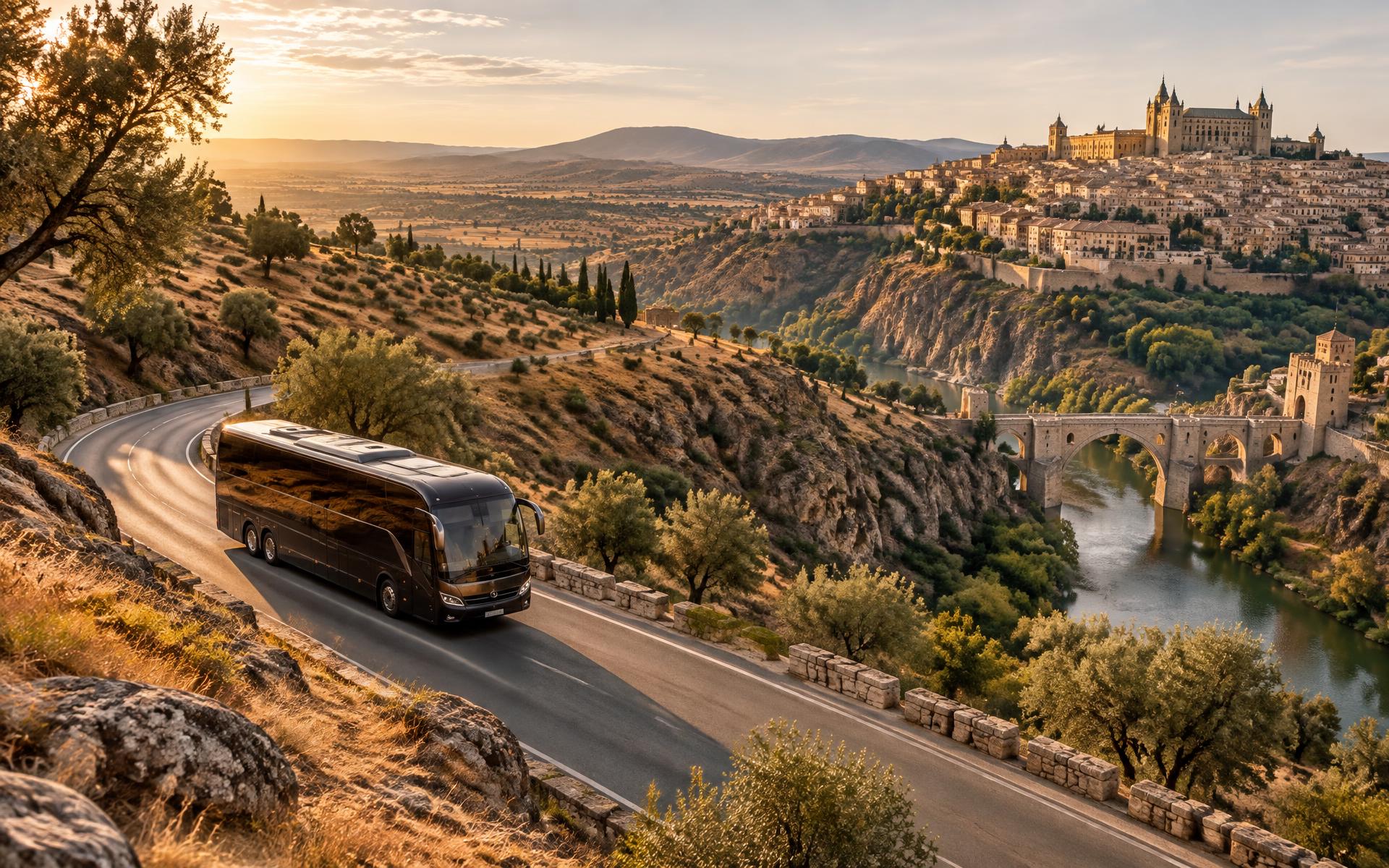 Private coach travelling through the Spanish landscape